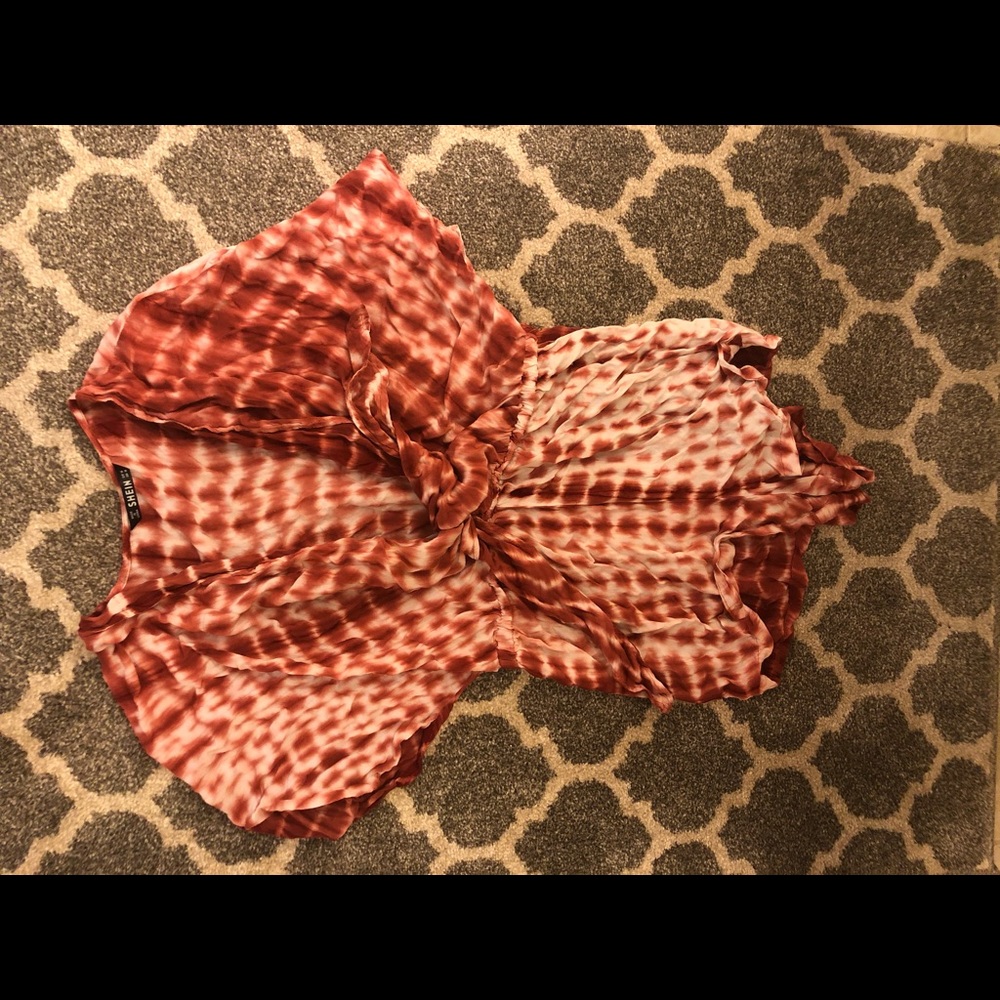 Plunge red tie die romper